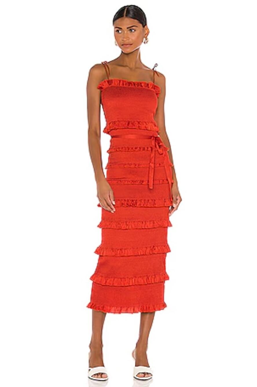 V Chapman Lily Maxi Dress Red Clay Smocked Ruffle Tiered Tie Strap Size 8